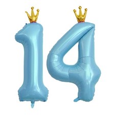 40 Inch Blue Crown Number 14 Balloons, 14th Large Foil Helium Balloons,Gold 1...