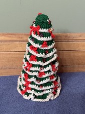 Vtg Crochet Christmas Tree Green Red Bows with Sequined Ornaments Handmade 10  