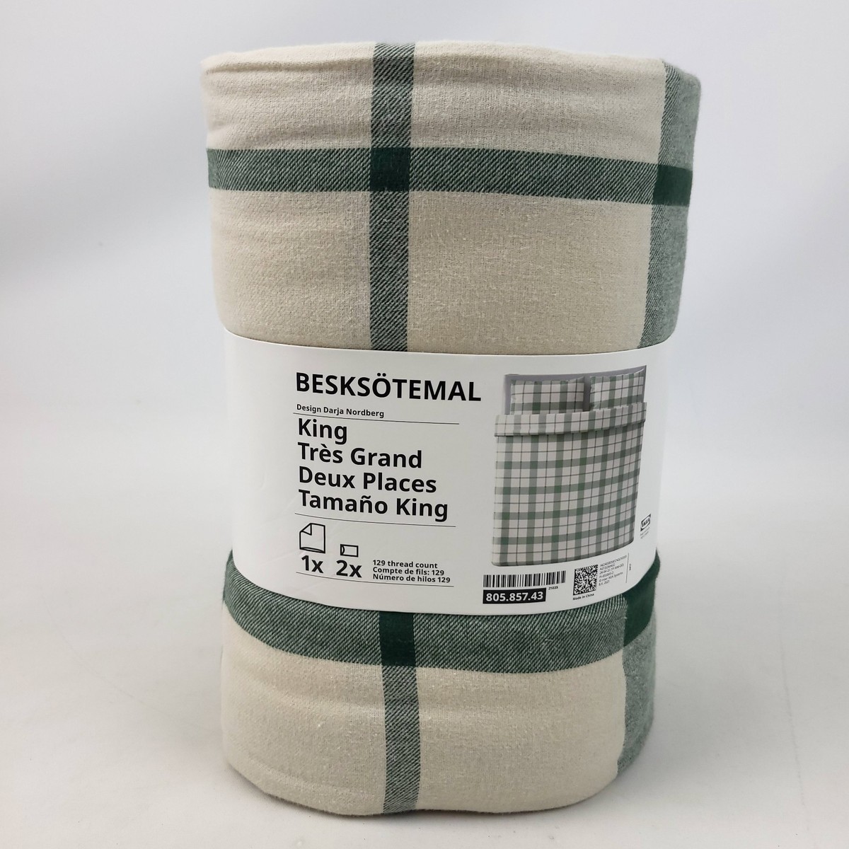 Ikea BESKSOTEMAL King Duvet Cover Pillowcases Green /Checkered