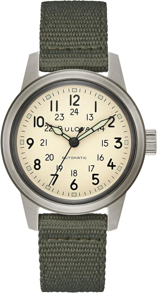 Bulova Men's Military Automatic Green Ivory Dial Watch 38MM 98A307