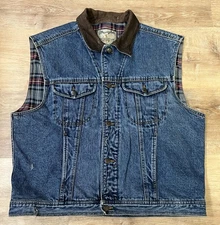VTG WRANGLER OUTERWEAR FLANNEL LINED LEATHER COLLAR  DENIM VEST  MEN'S SMALL