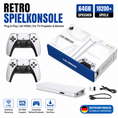 Spielkonsole Retro Game Stick 64GB 4K HDMI 10200 Spiele 2 Gamepads Plug & Play