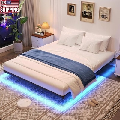 Floating Bed Frame W/ LED Lights Metal Platform Easy Assembly Squeak Free New
