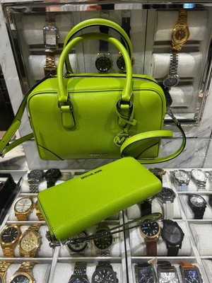 Michael Kors Thompson Women MD Leather Duffle Satchel Bag + Wallet Combo Lime