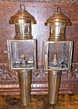 PAIR SMALL VICTORIAN BRASS CARRIAGE LAMPS LIGHTS OIL LANTERNS