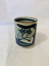 Japanese VINTAGE Yunomi Tea Cup   Hand-Painted Mask Motif, Signed Base