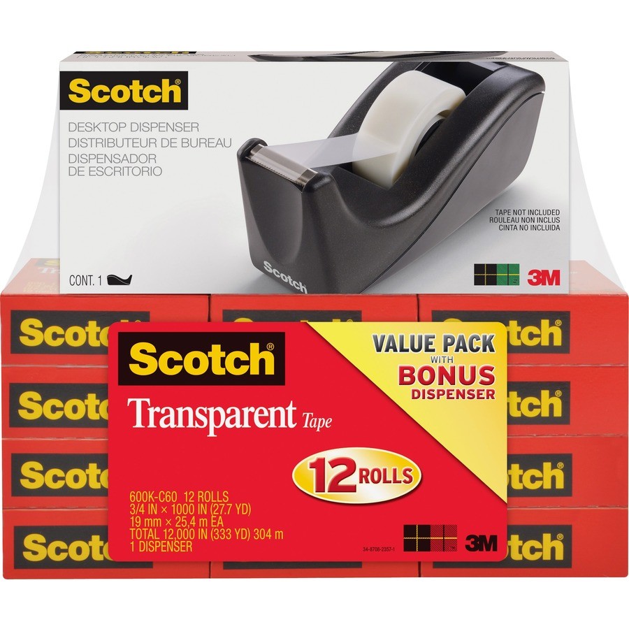 Scotch Premium Transparent Tape With Dispenser - 0.75" Width X 83.33 Ft Length -