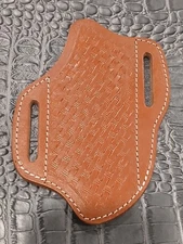 Brown Open Top Belt Loop 45° Basketweave Pancake Fix Blade Knife Leather Sheath