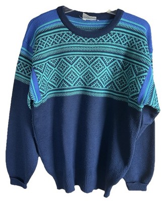 Vintage Meister Fair Isle Sweater Mens M Blue Wool Blend Nordic Ski 80s 90s