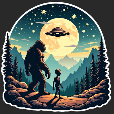 Bigfoot sticker vinyl decal alien UFO moon stars night forest cryptid art