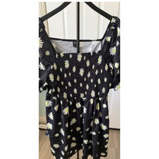 SHEIN Curve Womens 4XL Black Daisy Print Smocked Puff Sleeve Cottagecore Dress