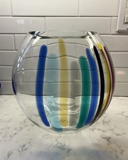 Signed Manfredi Murano Art Glass Vase Modernist Bubble Stripes Colors Seguso