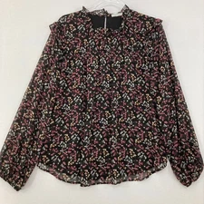Pleione size XL Black Multi Color Ditsy Floral Ruffle Feminine Chiffon Blouse