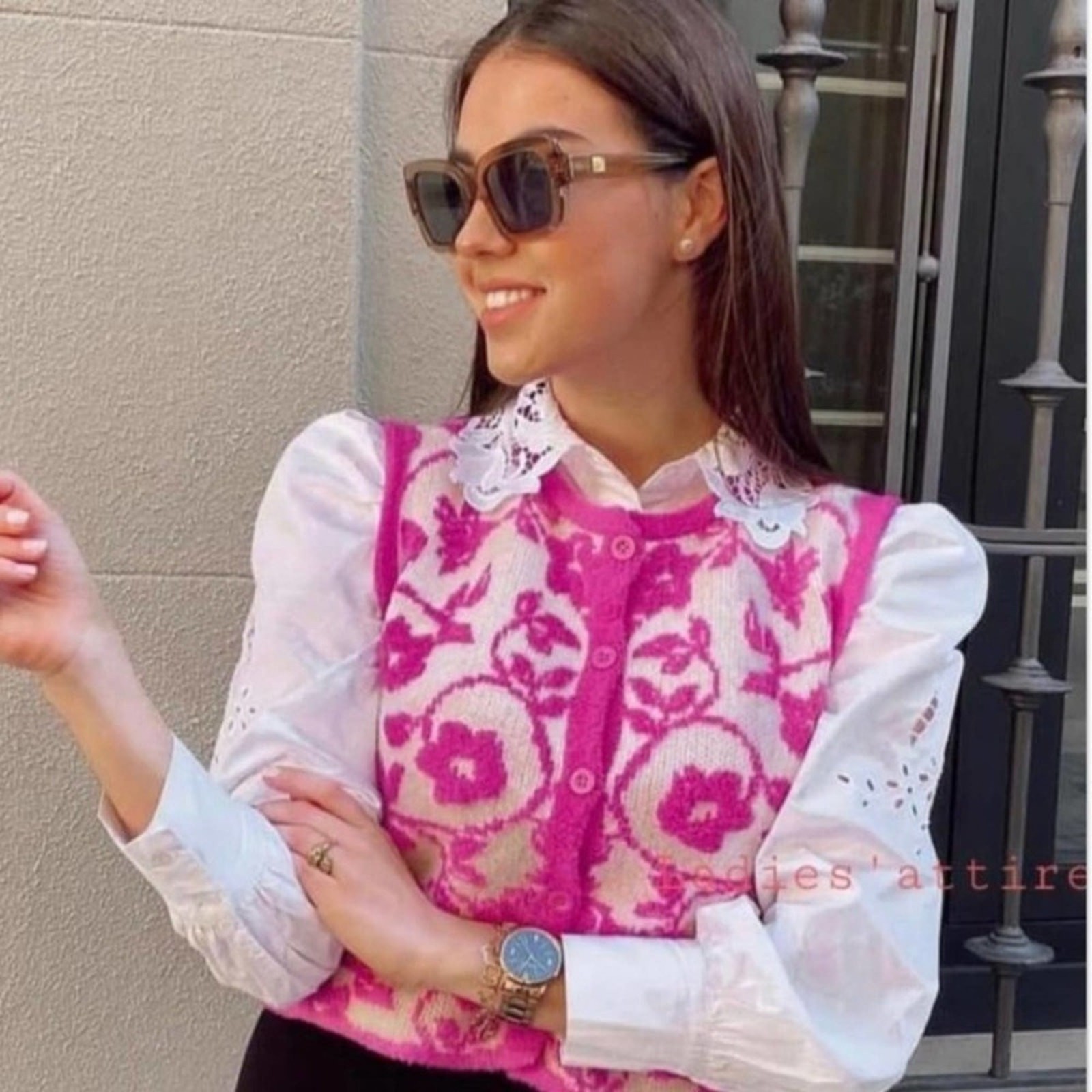 Zara Magenta White Floral Jacquard Knit Vest Bloggers Favorite Size Medium thumbnail 3