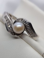 Vintage Sterling Silver Genuine Pearl CZ Crystals Ring - Size 10 3.6grams Clean 