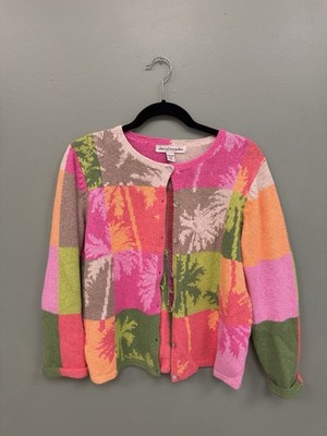 VTG David Brooks Patchwork Cardigan Sweater Palm Tree Tropical 90s Grandma  M/P