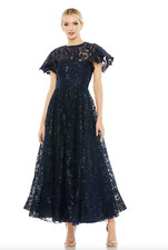 Embroidered High Neck Gown With Sequin Detail Navy Blue Cap Sleeve A Line