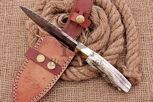 HUNTEX Custom Handmade New Feather Pattern Damascus 255mm Long Deer Antler Knife - Picture 6 of 8