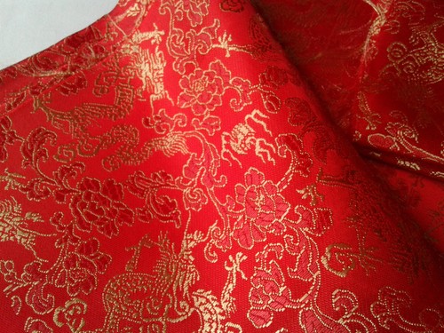 Rich Red/Gold Satin/Faux Silk/Chinese Dragon/Peony Damask/Brocade Cloth 90cm Sew - Picture 3 of 20