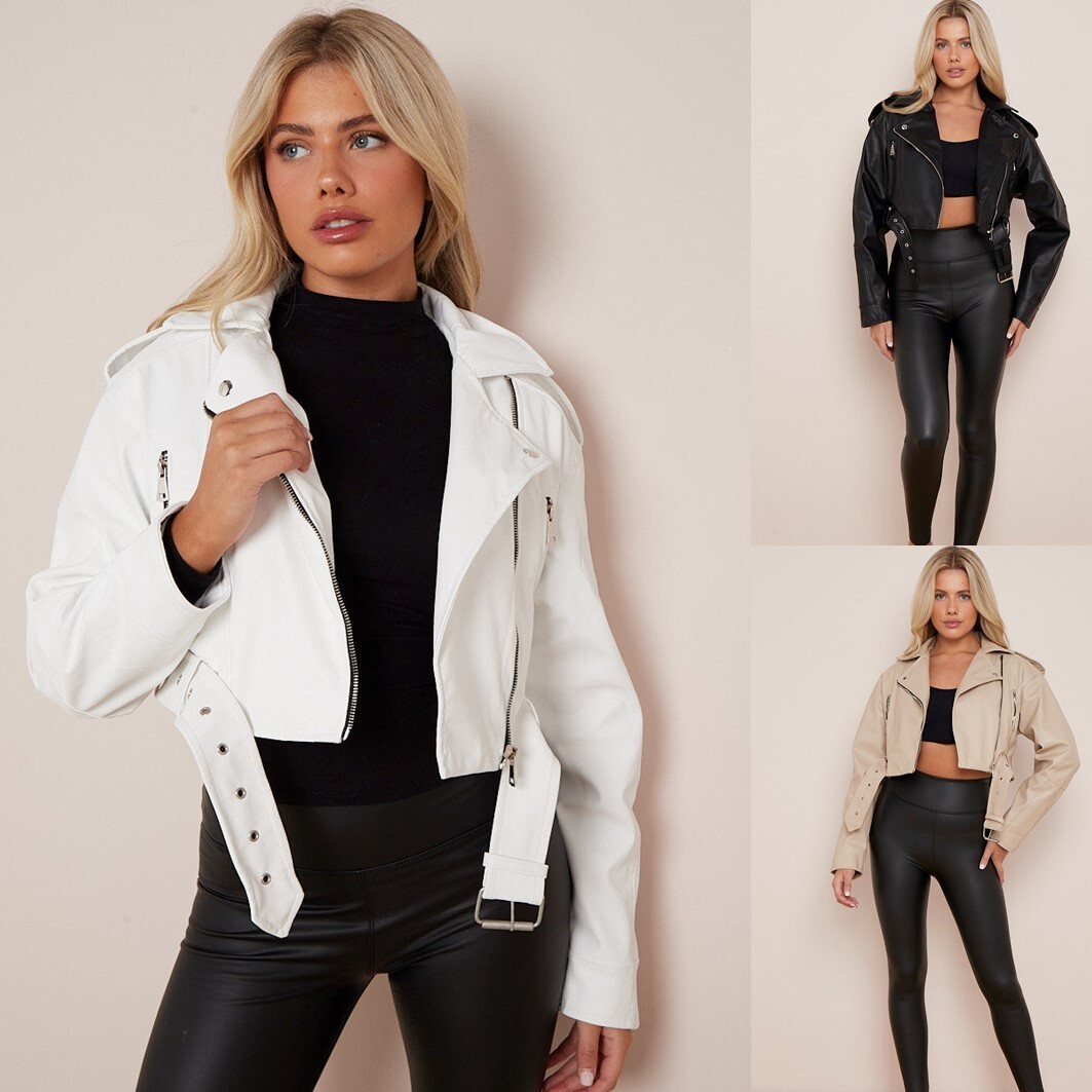 Women's Ladies Biker Faux Leather Jacket Cropped Short