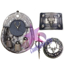 CC Scottish Kilt Sporrans Stag Head Brooch/Buckle/Kilt Pin 4 Pcs Set