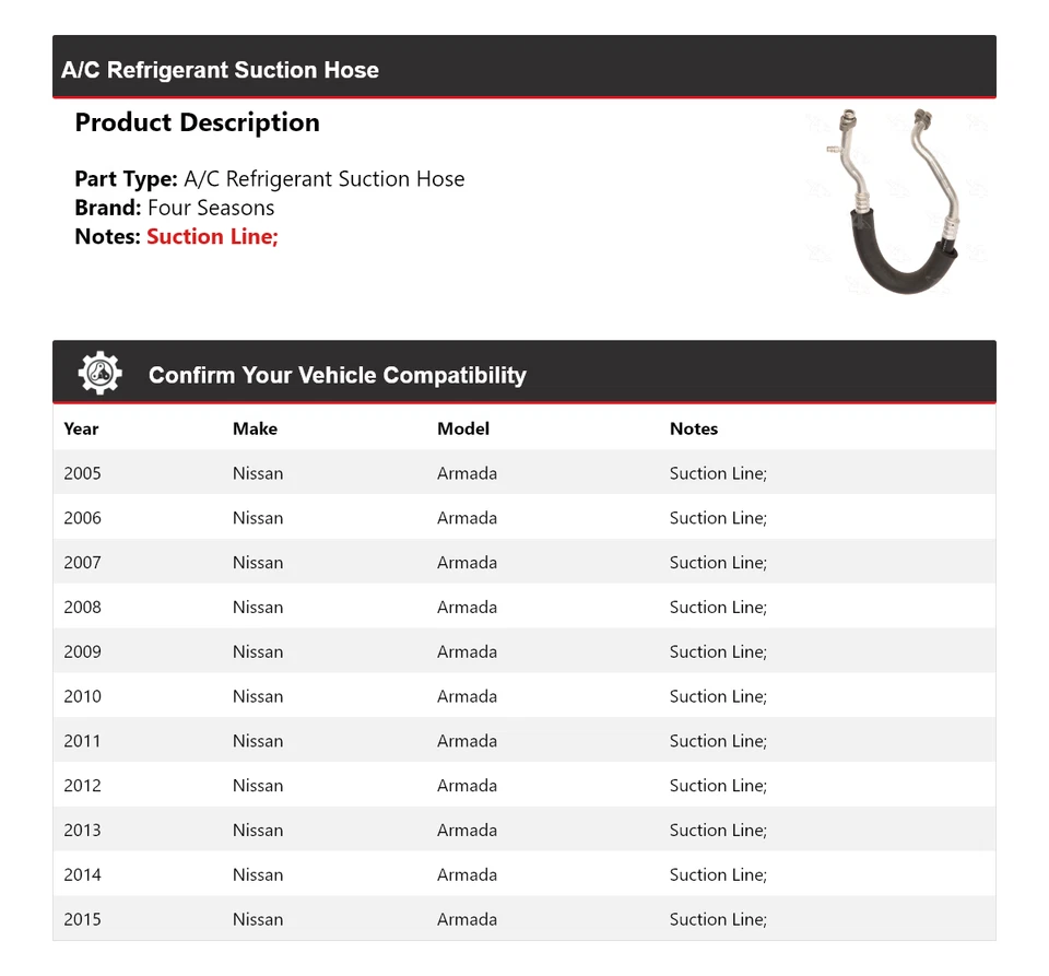 Manguera de succión de refrigerante aire acondicionado Nissan Armada 2005-2015 4 estaciones 2006 2007 Foto 2 de 4