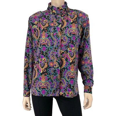 VTG Alyssa Carr Blouse Women 14 Multi Color Paisley Vintage Long Sleeve Button