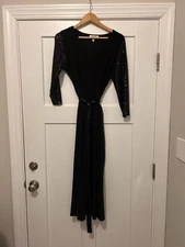 Women’s Stretch Sequin Sleeve  Black V-Neck Midi Dress Size Large Cocktail Belt