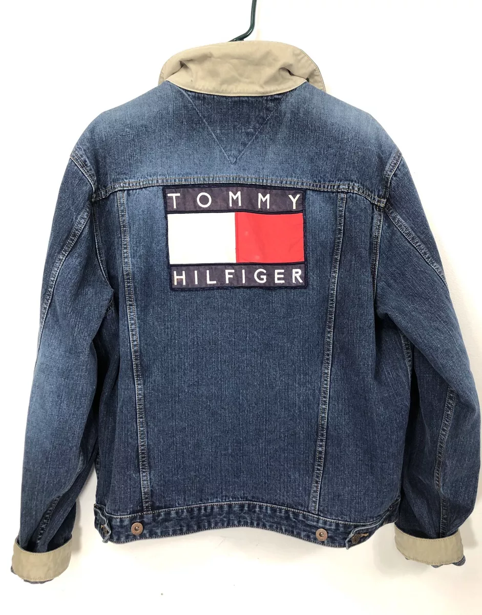 Vintage Tommy Hilfiger Mens Large Denim Jacket Big Flag Logo Custom