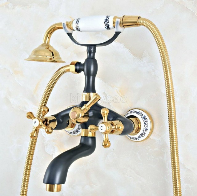Black & Gold Brass Wall Mounted Clawfoot Bath Tub Faucet Hand Shower