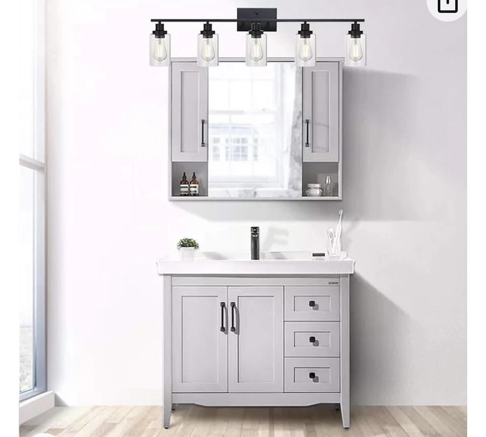 5-Light Bathroom Vanity Light Fixtures Black Industrial Wall Sconce Clear Glass - Image 2 of 4