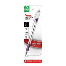 Pentel RSVP Ball Point Pen 0.7mm Fine Point Capped Purple 2/Pk Office School