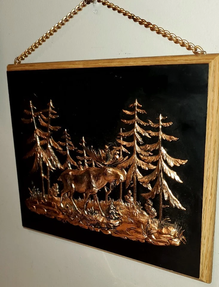  Wooden 11"x8" Wall Plaque Copper Moose Trees Scenery 3D Wall Art - Image 4 of 4