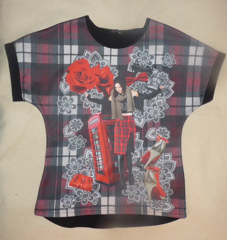 T-shirt JCP dos noir devant imprimé carreaux photo fille roses mode 14 ans TBE - Photo 1/1