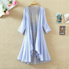 Women's Lace Mesh Clear Long Duster Beach Jacket Cardigan 3/4 Sleeve Top -