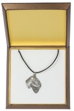Black Russian Terrier - silver covered necklace with dog, in box, Art Dog USA