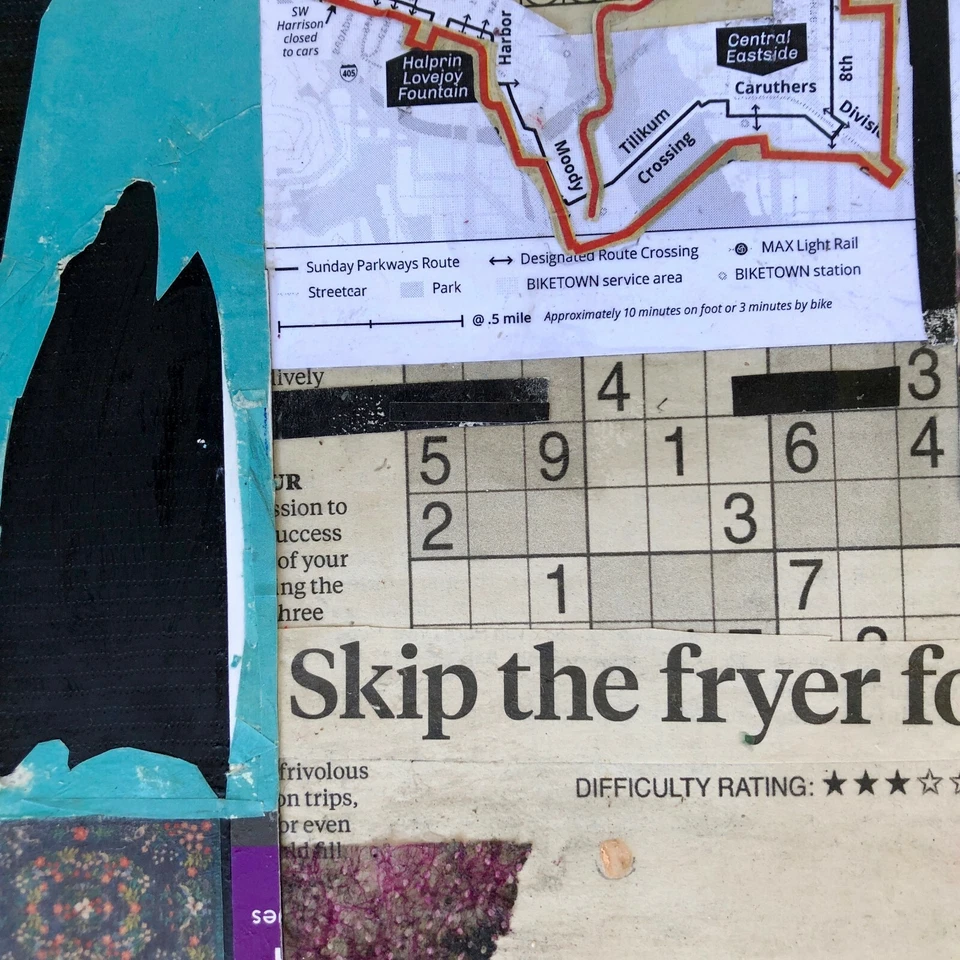 Arte de palabras collage abstracto azul frívolo en viajes... Steven Tannenbaum Foto 3 de 4