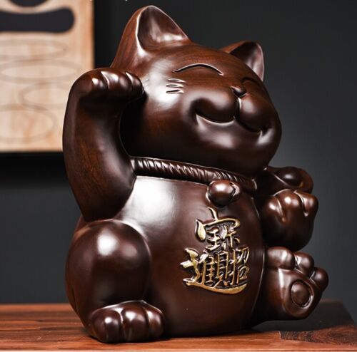 Crafts Ebony Wood Carved Maneki Neko Statue Lucky Cat Feng Shui