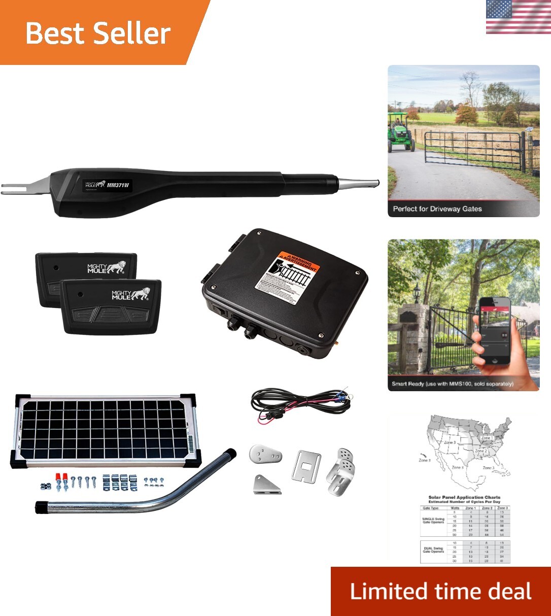 Automated Gate Opener with Solar Panel - Black, 40" x 6" for
