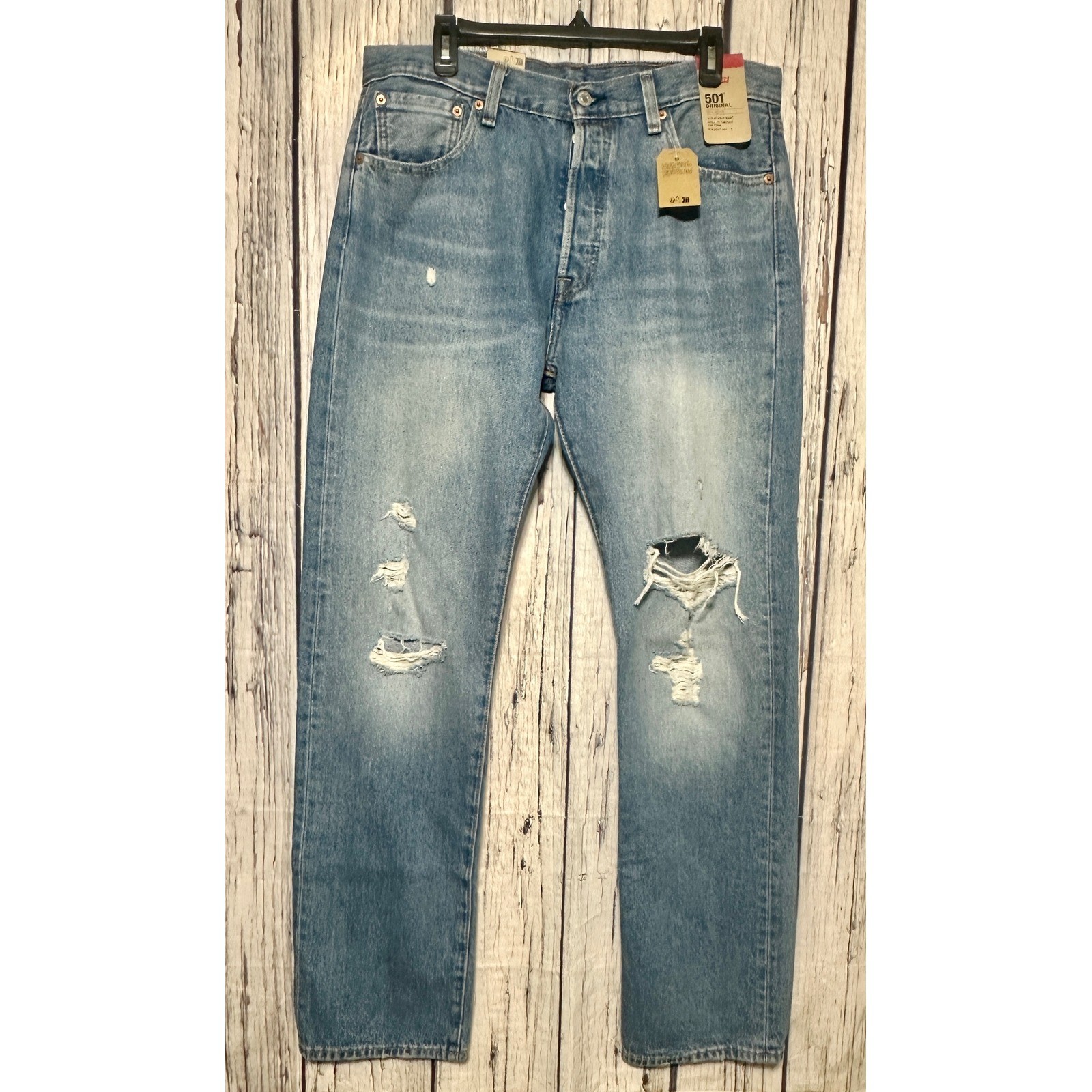 Levis 501 Original Fit Mens 34x34 Medium Wash Distressed Ripped Jeans NWT-3612