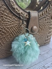 Teal Pom-Pom Key Chain Purse Jewelry Fluffy Purse Adornment Keycharm Key Ring
