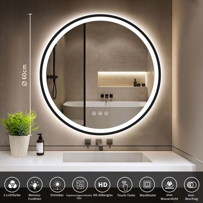 Spiegel rund mit Beleuchtung,60cm/70cm Touch-Schalter,Antibeschlag,3 Lichtfarben