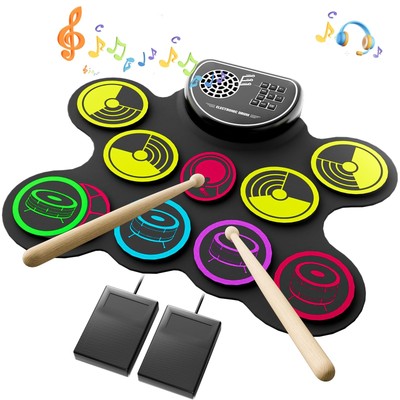 Electronic Drum Set, 10 Pads Roll-up Drum Practice Pad with Drum Pedals & Sti...