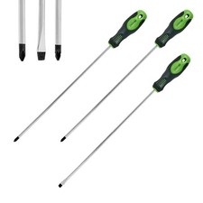 3-Piece Extra Long Screwdriver Set /Long Handle Philips, Pozi /Slotted Head,Gren