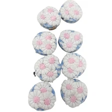 8 Floral Button Covers Set White & Pink Daisy Blue Gingham Background #J-12