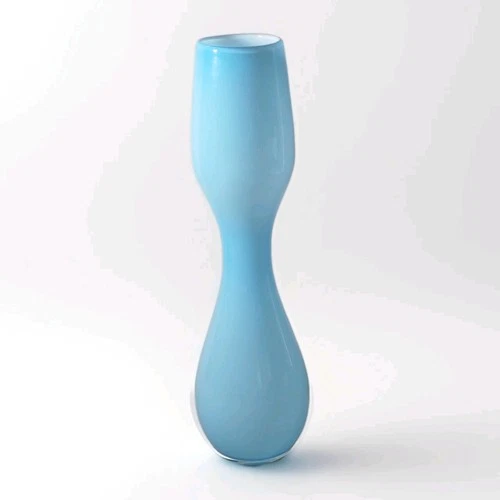 Vintage 1960's Carlo Moretti Murano Glass Azure Blue and White Cased Vase 14.5"T