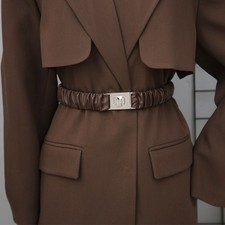 Women Elastic Faux Leather Belt Metal Buckle Stretch Waistband for Dress Coat