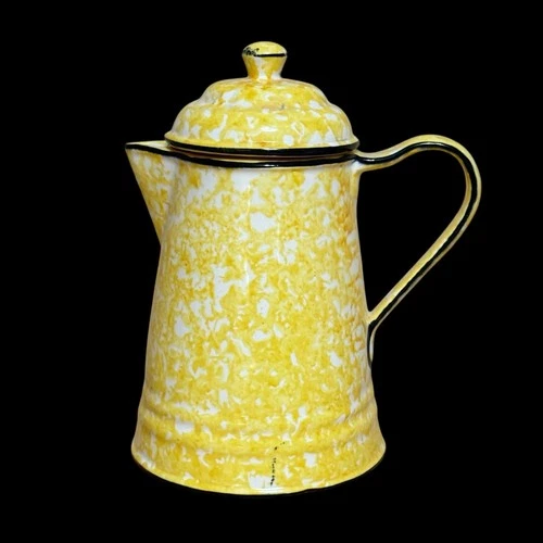 Stangl Pottery Town & Country Yellow Spongeware Coffee Pot w/ Lid 11” Hand Paint