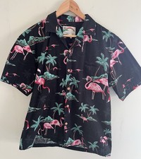 Vtg Paradise Found Hawaiian Shirt Medium Black Flamingos Palm Trees 100 Cotton