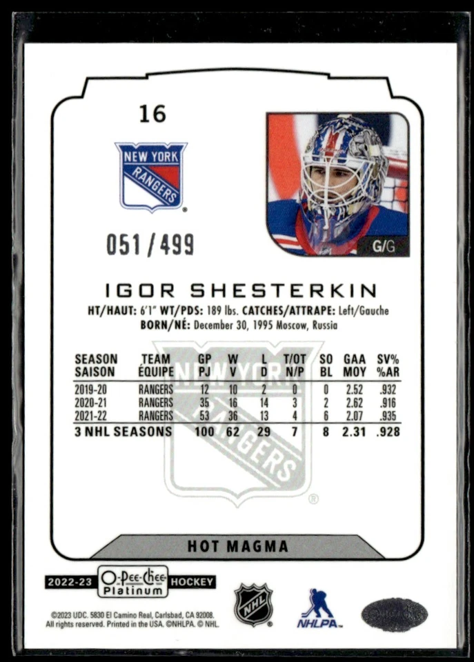 2022-23 O-Pee-Chee Platinum Hot Magma Igor Shesterkin 051/499 #16 - Image 2 of 2